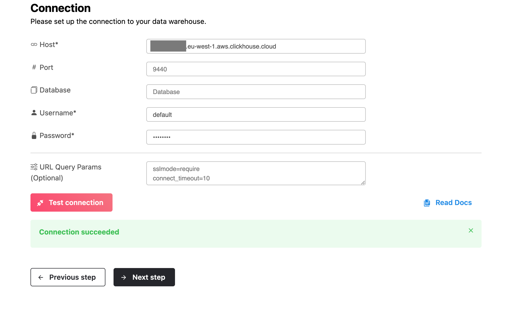 Setup connection details